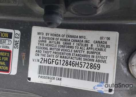 2006 Honda Civic Ex from USA, damaged, VIN 2HGFG12846H572869